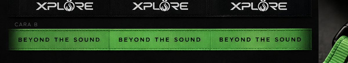 Detalle de la cinta del lanyard XPLÖRE y su lema Beyond the sound